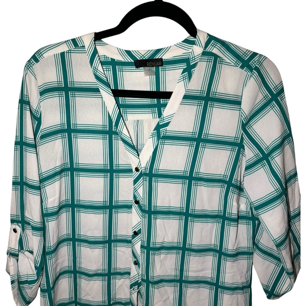 Renuar Women's Small Button Down Plaid 3/4 Length Sleeves Gridlines V Neck Top - Picture 2 of 6